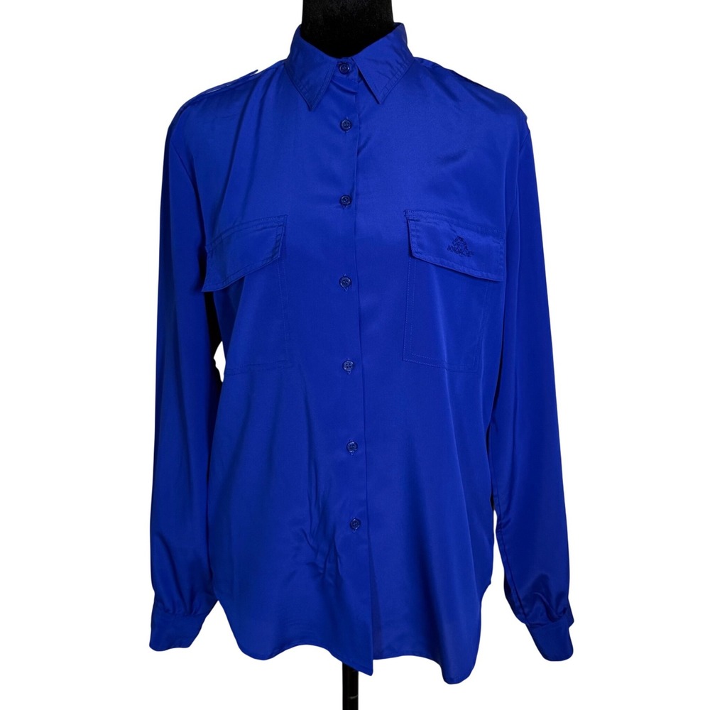 Vintage 80s Jordache Cobalt Blue Horse Logo Utility Blouse Shirt Women M